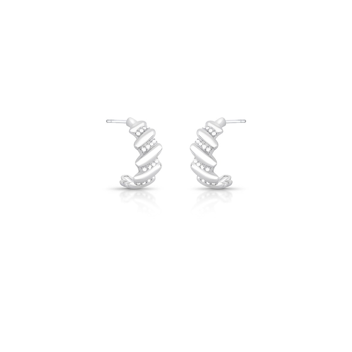 BRINCO MEIA ARGOLA ZIRCONIA FRENTE 4 COLUNA INTERCALADO TRABALHADO TEXTURIZADO 19X15X8MM PRATEADO C/ BA