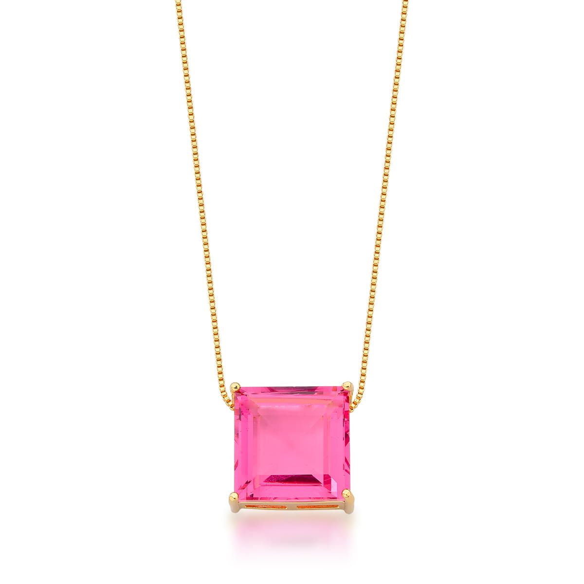 CORRENTE C/ PING. BAN. DOURADO PEDRA ROSA QUADRADO 15MM 45+5CM BAN. DOURADO /ROSA ESCURO /TAM. 45