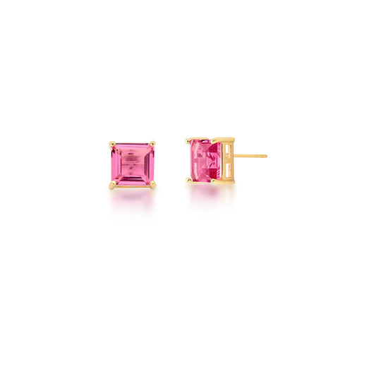 BRINCO MEDIO PEDRA QUADRADO VAZADO  LATERAL 10MM BAN. DOURADO /ROSA  ESCURO