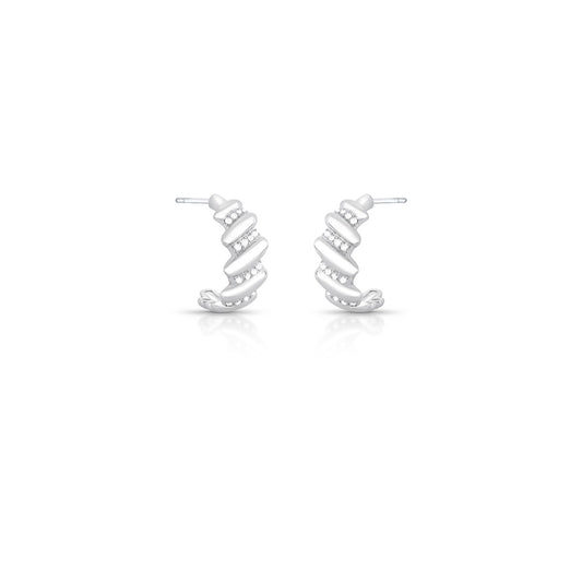 BRINCO MEIA ARGOLA ZIRCONIA FRENTE 4  COLUNA INTERCALADO TRABALHADO  TEXTURIZADO 19X15X8MM PRATEADO C/ BA