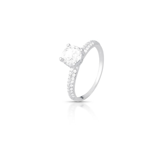 ANEL PEQUENO ZIRCONIA + PEDRA  REDONDO LATERAL VAZADO CONTORNO 2  LINHA 6MM PRATEADO /INCOLOR /TAM. 22