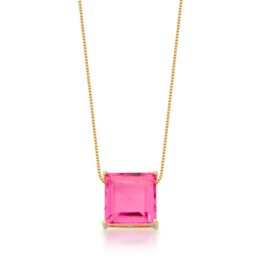 CORRENTE C/ PING. BAN. DOURADO PEDRA  ROSA QUADRADO 15MM 45+5CM BAN.  DOURADO /ROSA ESCURO /TAM. 45