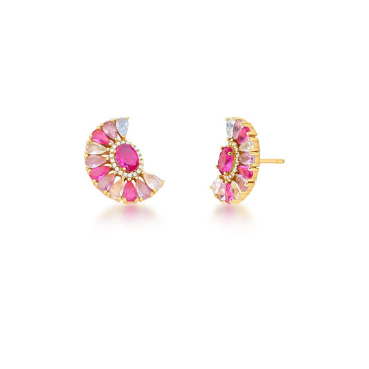 BRINCO MEDIO ZIRCONIA + PEDRA OVAL  CONTORNO GOTA LEQUE CURVO VAZADO  14X21X4MM BAN. DOURADO /ROSA ESCURO